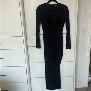 Zara Black Long-Sleeve Ruched V-Neck Midi Dress